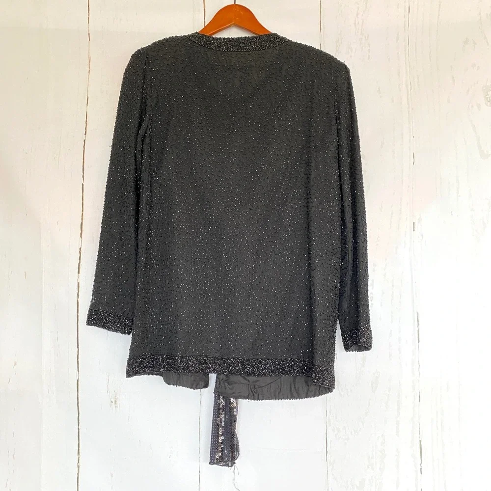 STENAY Vintage Beaded Silk Evening Jacket Black Sequin Formal Tie Front M